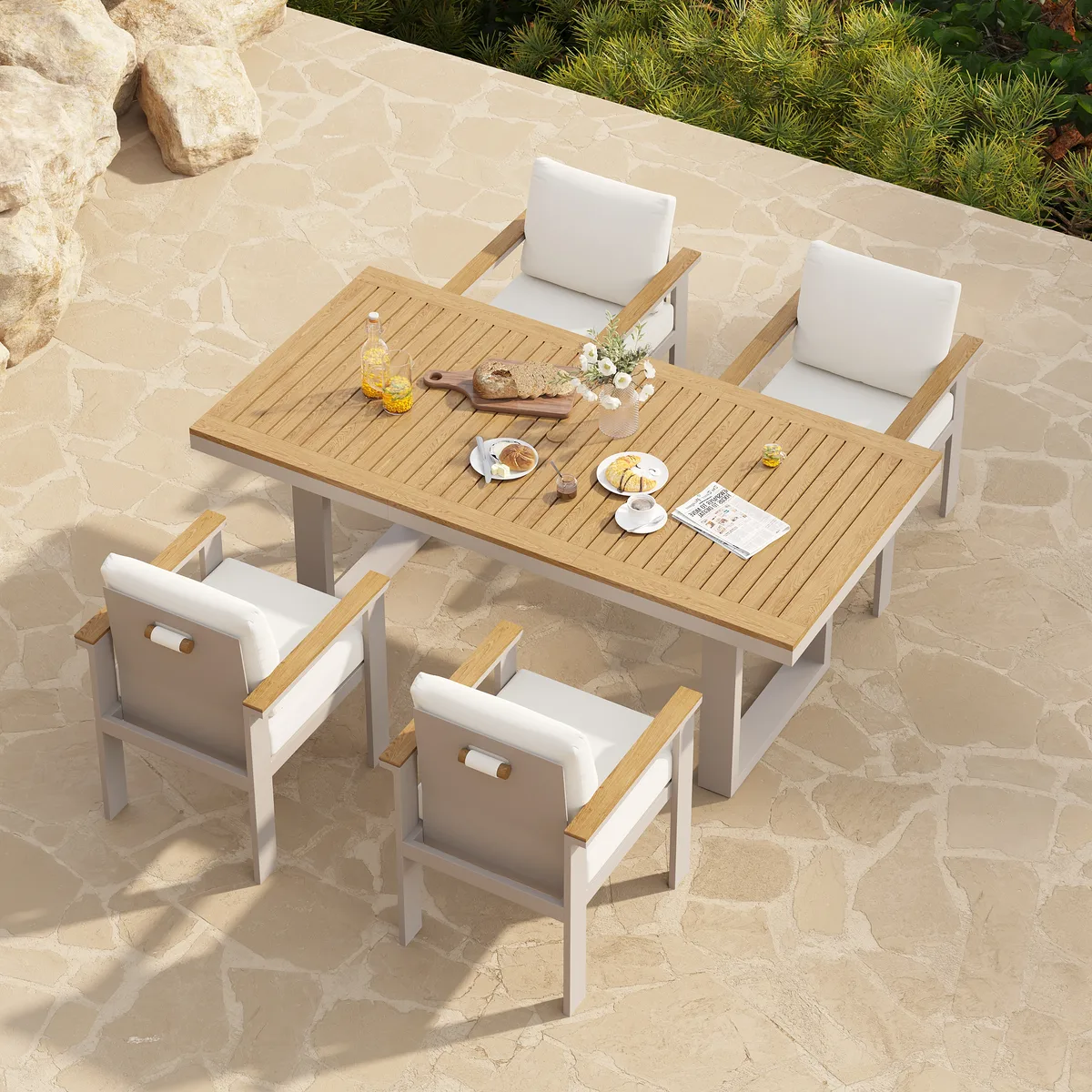 Tevara 6-Person Rectangle Teak & Aluminum Outdoor Patio Dining Table — image 14
