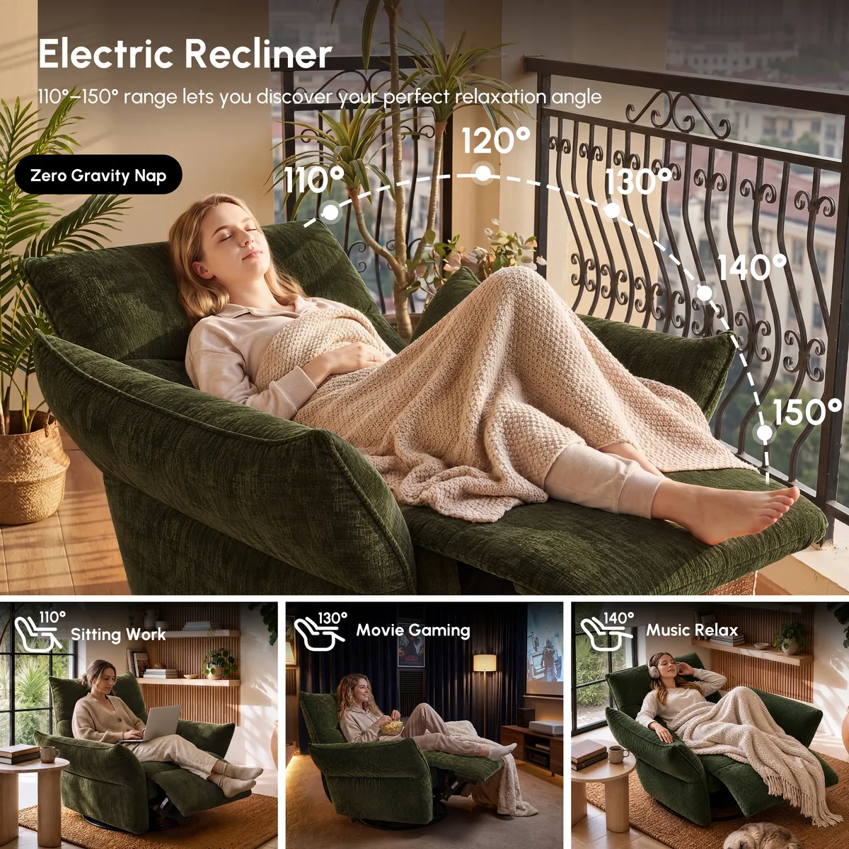 Electric Power Recliner Swivel Rocker Chair With Dual Motor&Performance Chenille — image 7