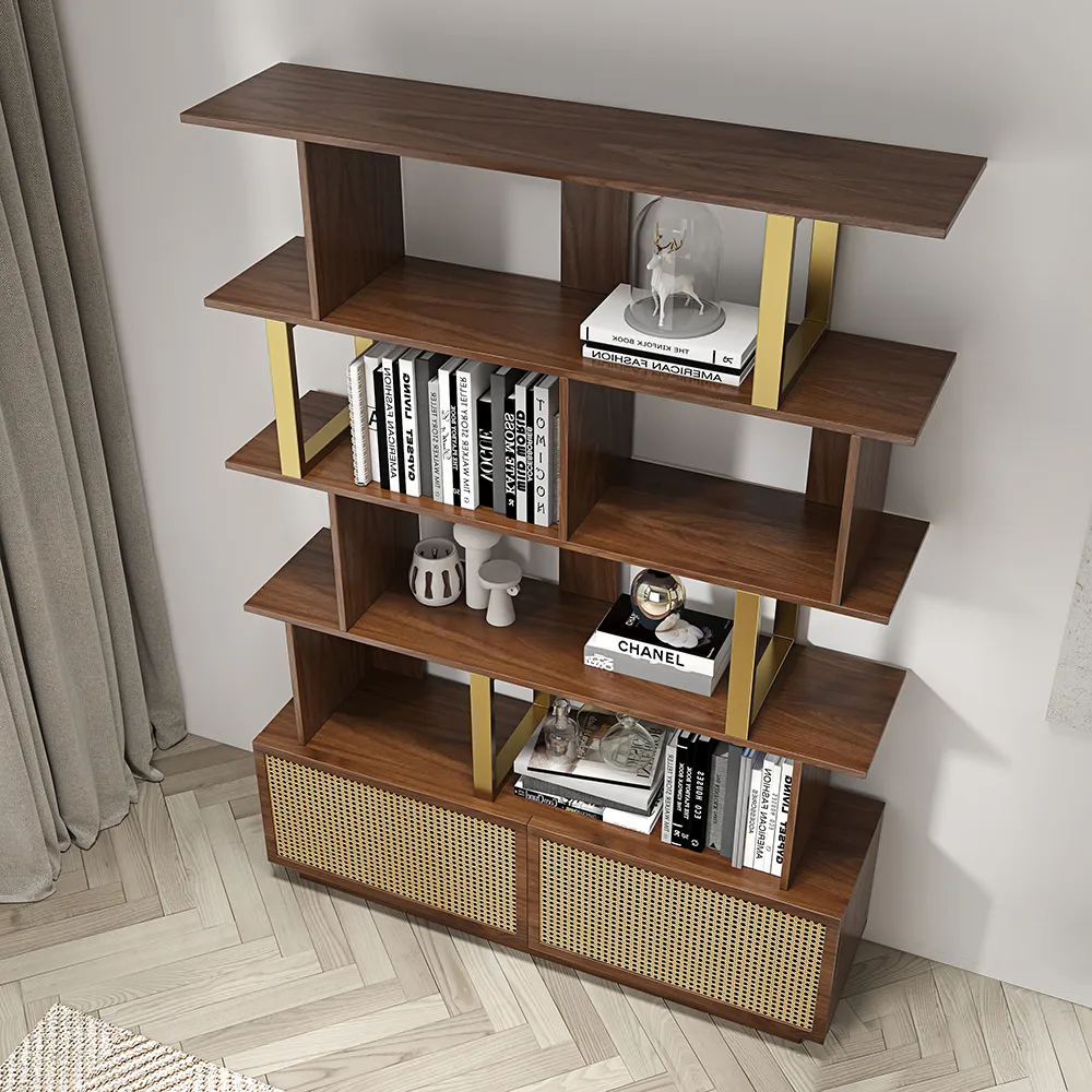 5-Tier Black Wood Bookshelf with 2 Doors Modern Bookcase in Gold Finish — image 23