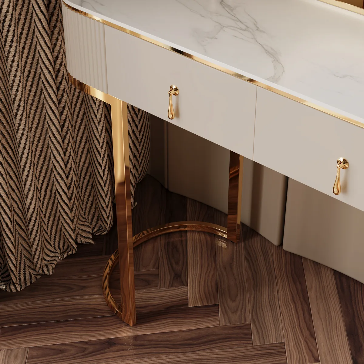 Nordic Makeup Vanity Extendable with 5-Drawer Dressing Table with Stone Top in Champagne — image 9