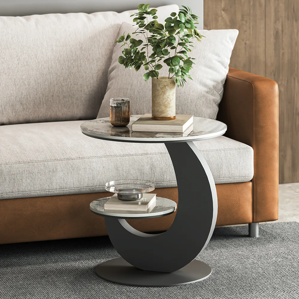 Round Faux Marble 2 Tier End Table Modern White & Gold Side Table — image 25