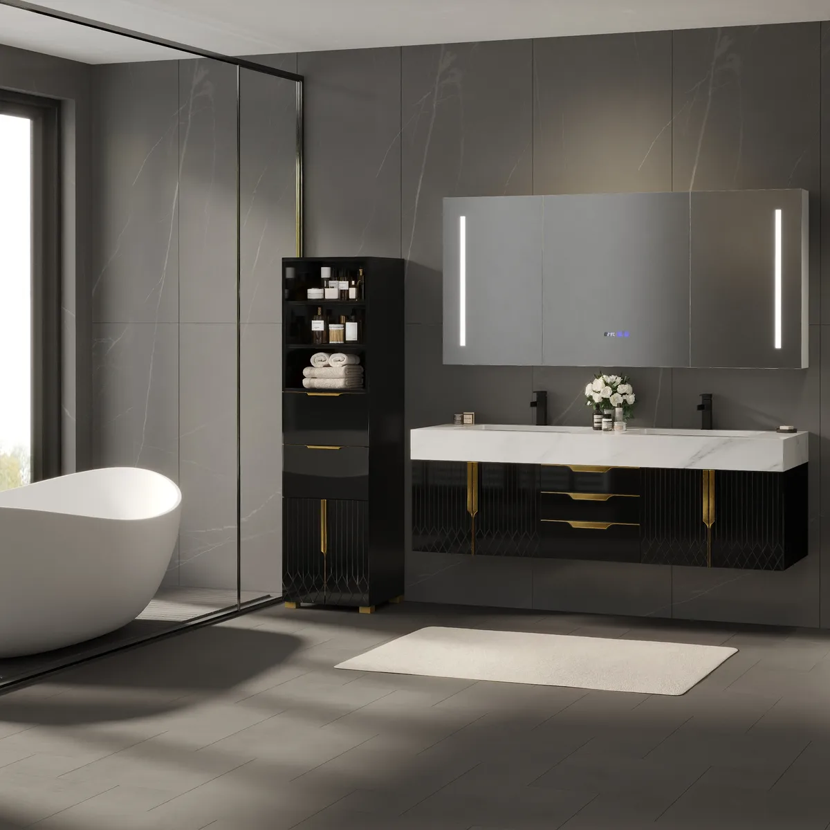 Aro 59" Freestanding Bathroom Storage Cabinet with Shelves, Drawers & Doors — image 5