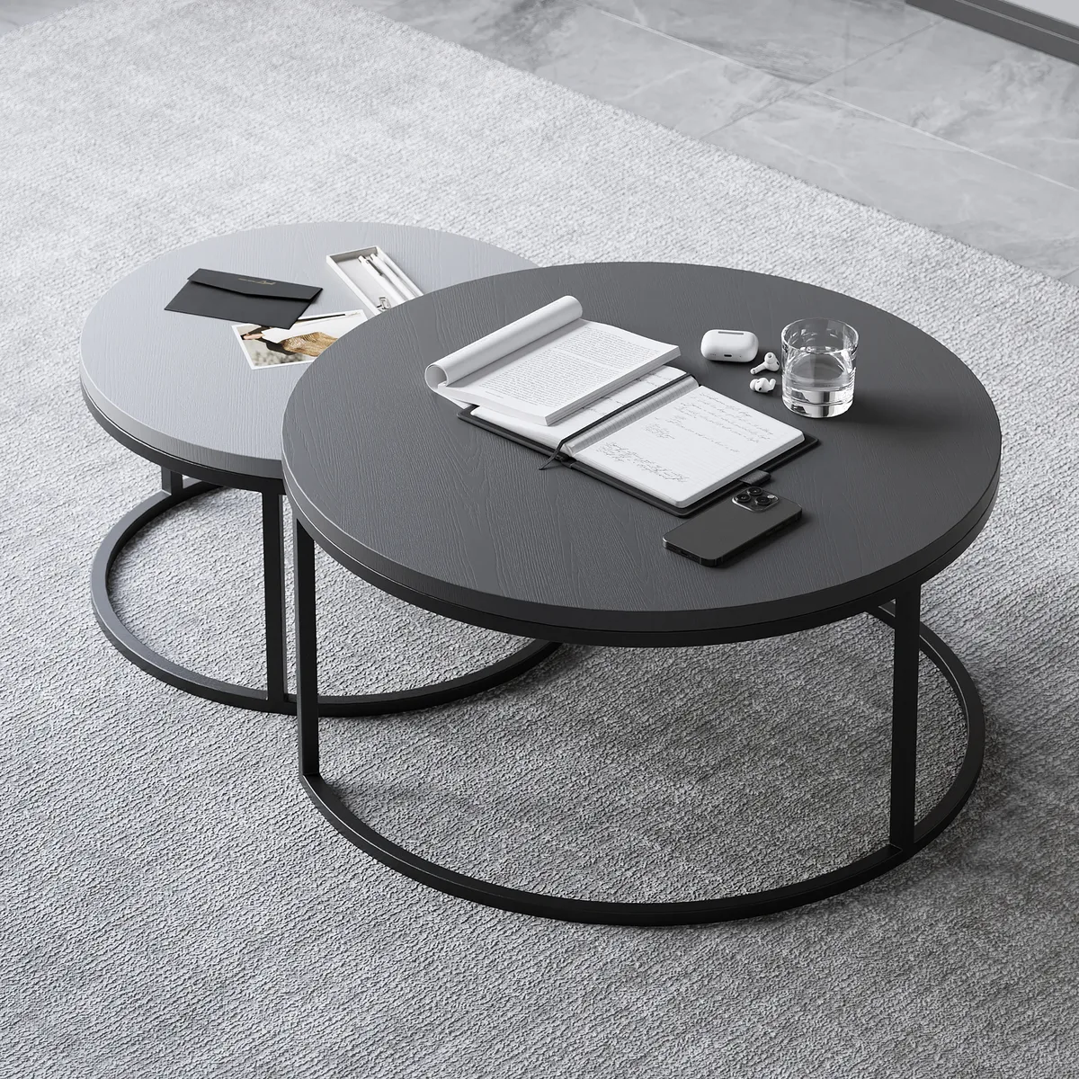 Living Room Cabinet Set Rectangle Gray Extendable TV Stand & Wood Round Nesting Coffee Table — image 6