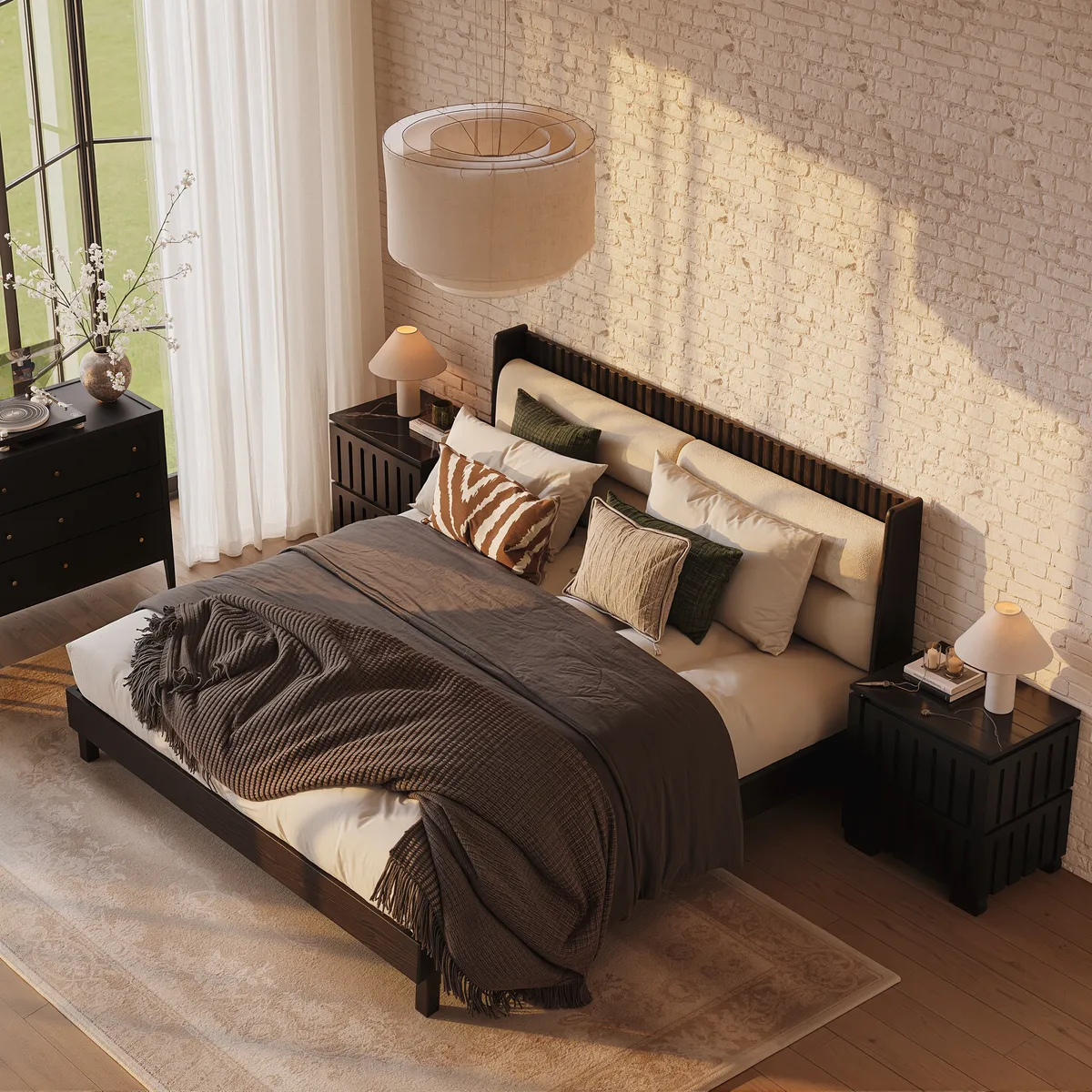 Modern Black Queen Size Solid Wood Bed with Boucle Headboard Pillows — image 6