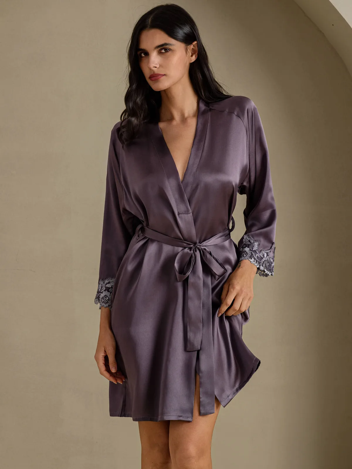 Women's 100% Mulberry Silk 3/4 Sleeve Lace Robe