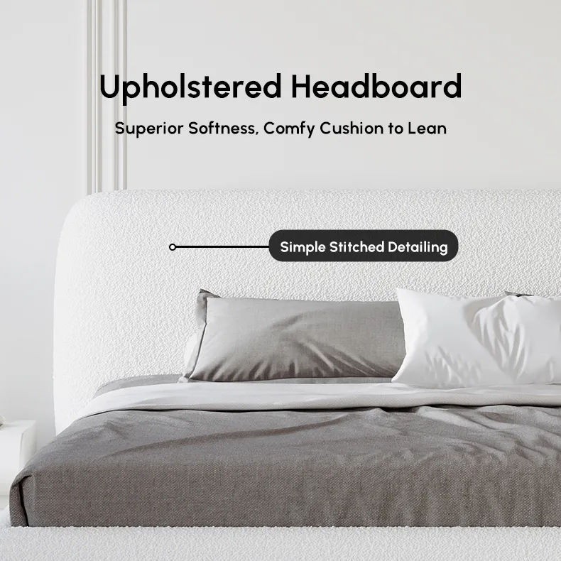 Modern White Boucle Platform Bed Queen Size Bed Frame with Upholstered Headboard — image 19