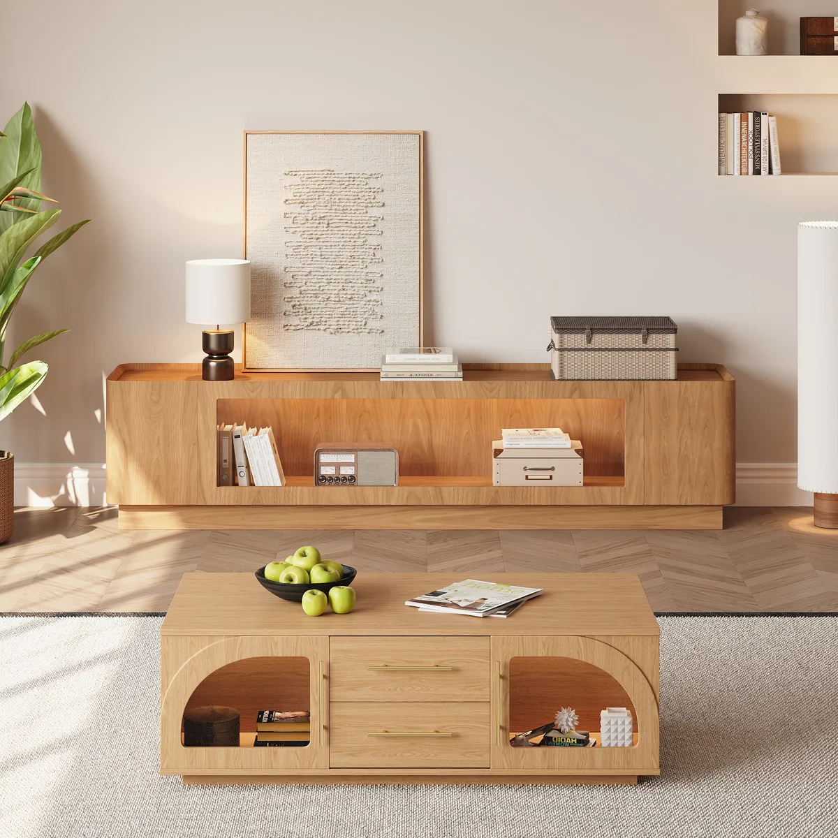 79'' Glass Door TV Stand Mid Century Modern Wood Media Console with Storage & LED — image 14