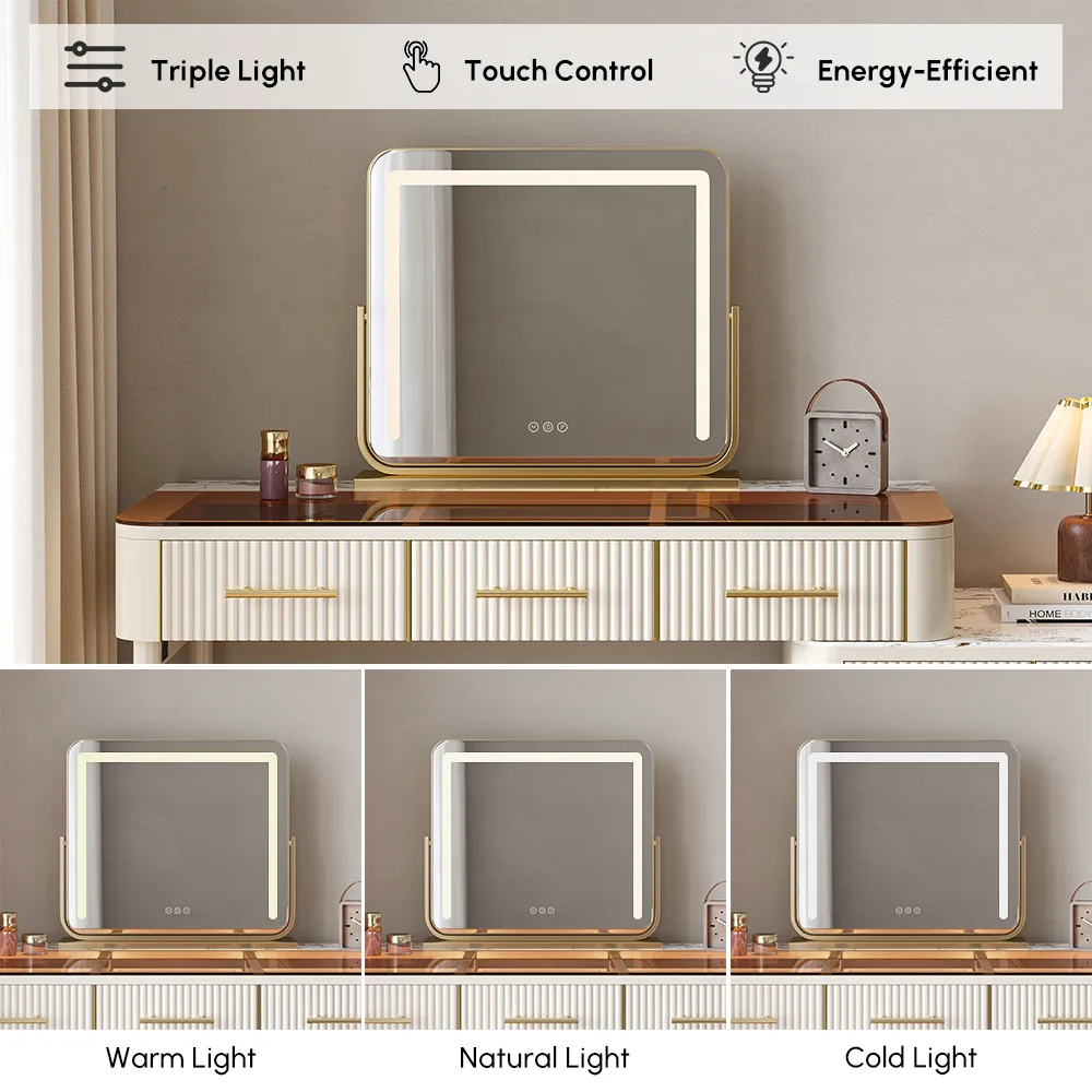 White Makeup Vanity Set with Lighted Mirror & Stool Mid Century Modern Dressing Table with Glass Top — image 15