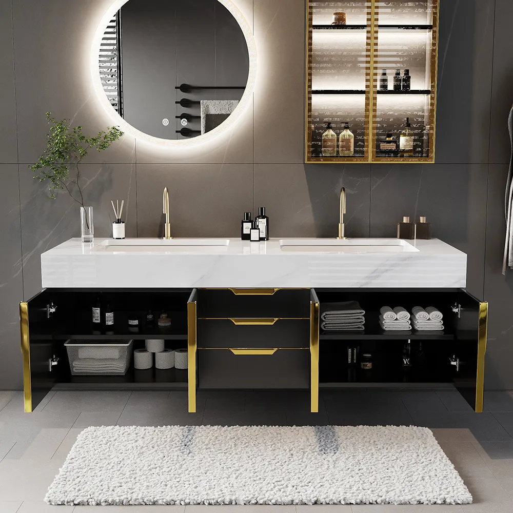 59" Wall Mounted Bathroom Vanity Faux Marble Top with Double Sink — image 29