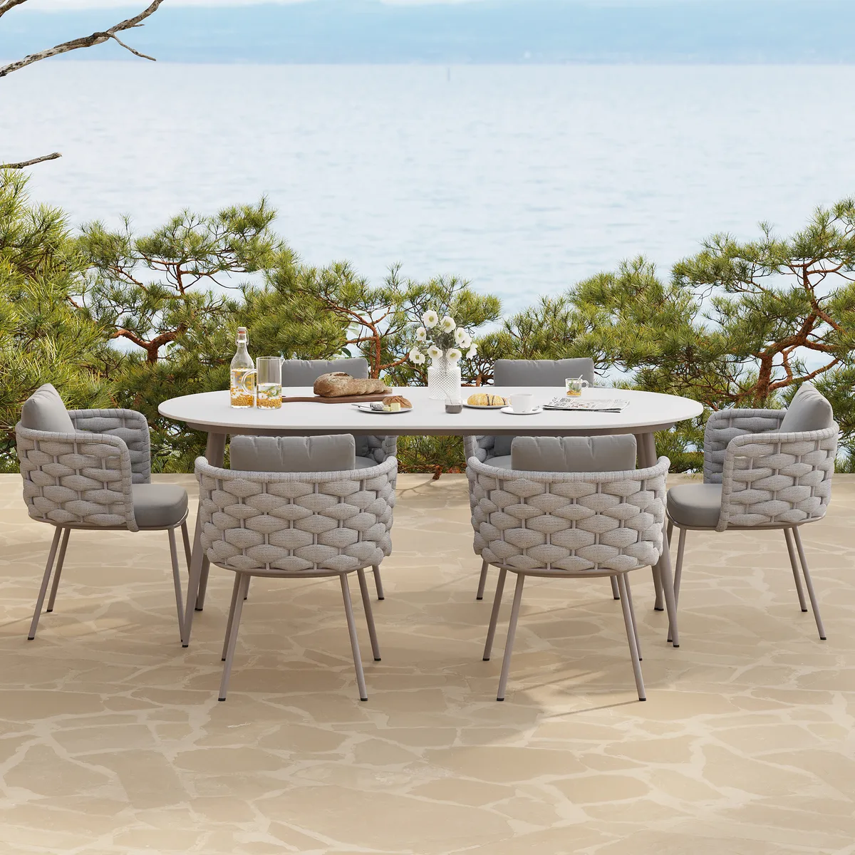 7 PCS 70.9'' Outdoor Sintered St Top Dining Table Set with 6 Rope Woven Armchairs Modern Yard & Patio Dining Furniture Set for 6 Person with Armchairs — image 3