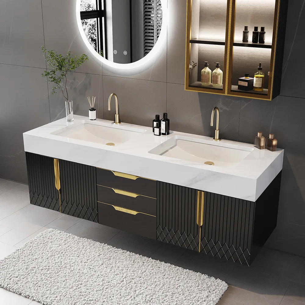 59" Wall Mounted Bathroom Vanity Faux Marble Top with Double Sink — image 28