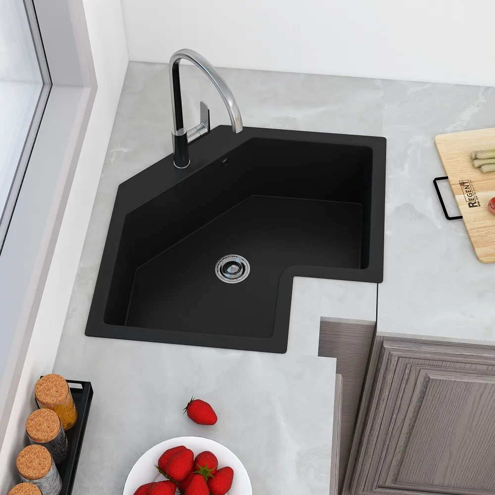 Drop In Corner Irregular Kitchen Sink White 25" Quartz — image 9