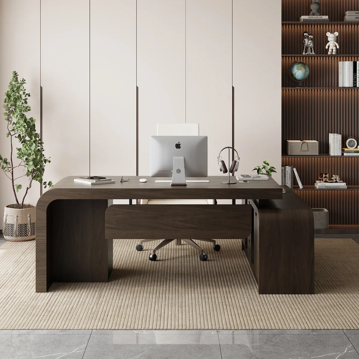 Chicent 71'' L-shaped Smoked Brown Computer Desk with Cabinet Left Hand — image 3