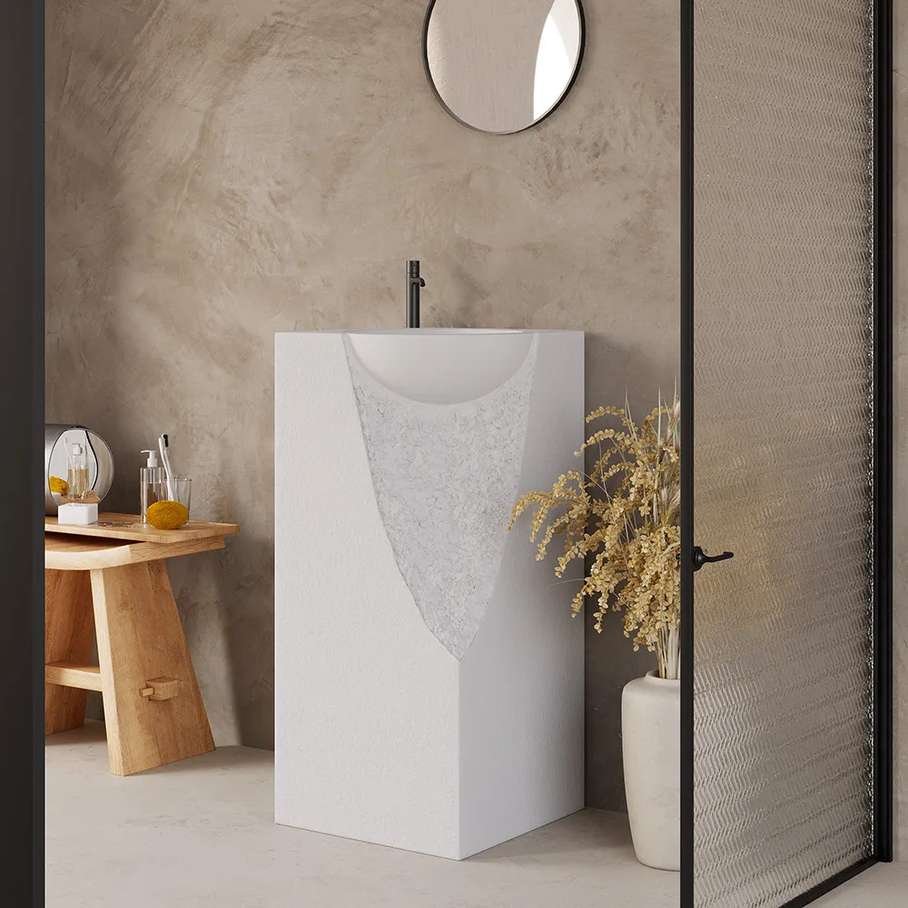 34" Japandi Tall Stone Resin Pedestal Sink with Rounded Basin Freestanding — image 5