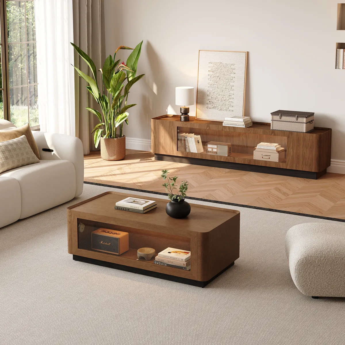 47" Glass Door Walnut Coffee Table with Storage and LED — image 5