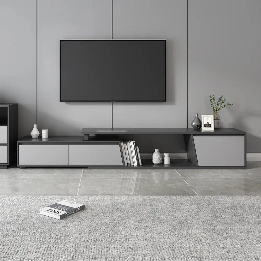 Living Room Cabinet Set Rectangle Gray Extendable TV Stand & Wood Round Nesting Coffee Table — image 16