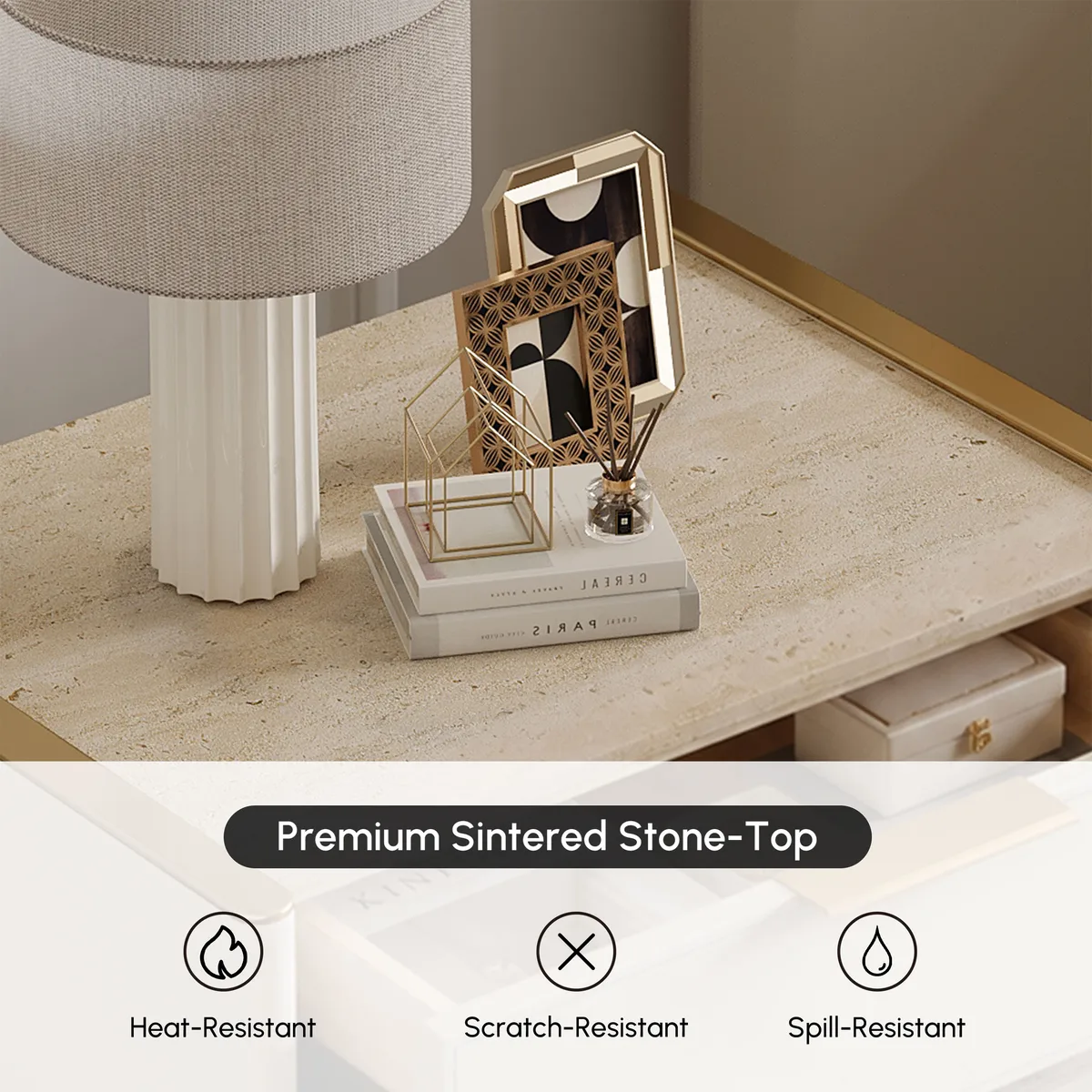 Modern Saddle Leather 2-Drawer Nightstand with Faux Travertine Stone Top — image 7