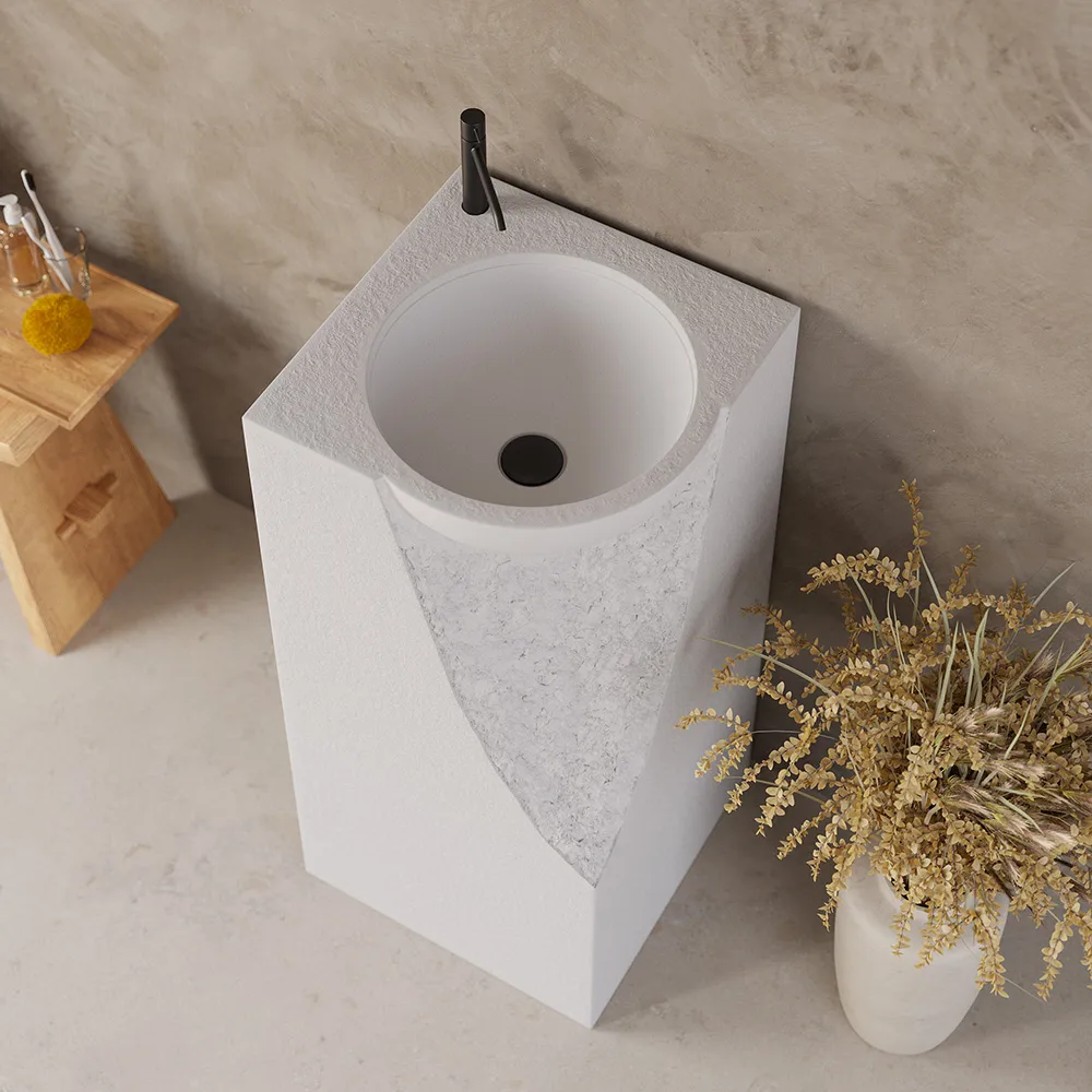 34" Japandi Tall Stone Resin Pedestal Sink with Rounded Basin Freestanding — image 6