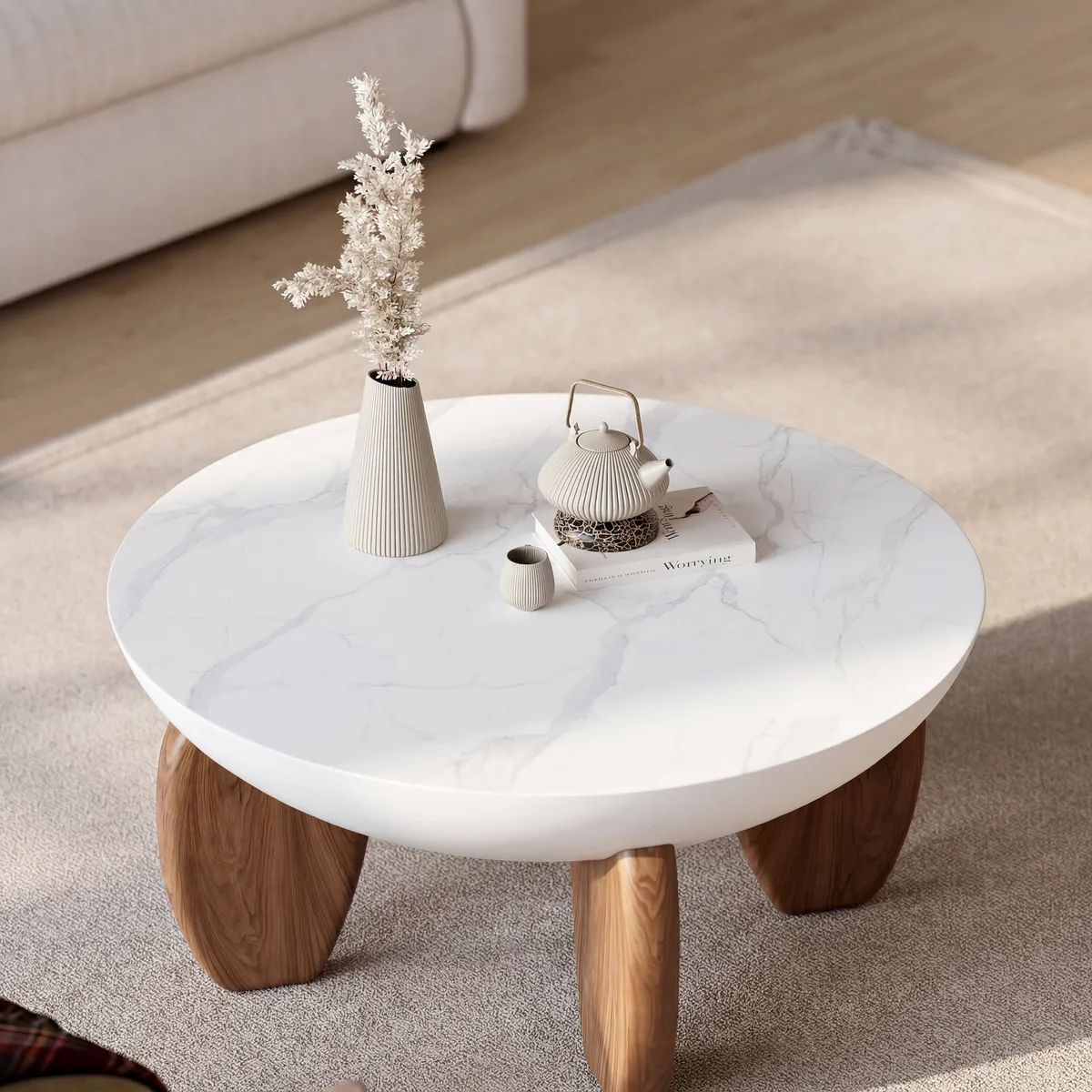 Curva Round Concrete Walnut Coffee Table with Wood Legs — image 3