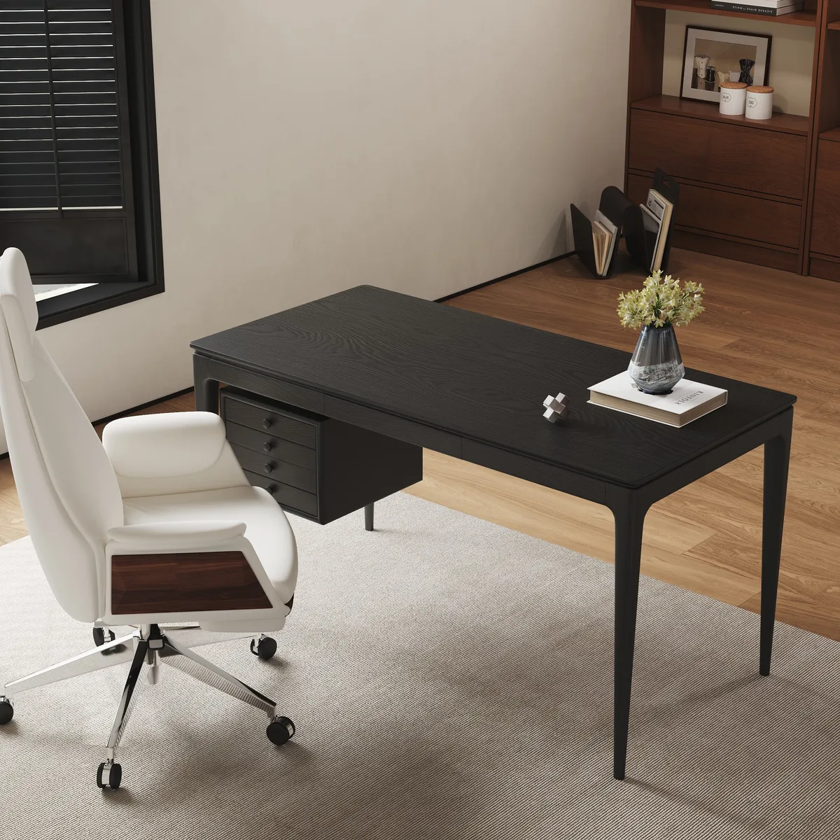 Mid-Century Style 55.1" Whitewash Ash Wood Home Office Desk with 3 Storage Drawers and Metal Accents — image 13