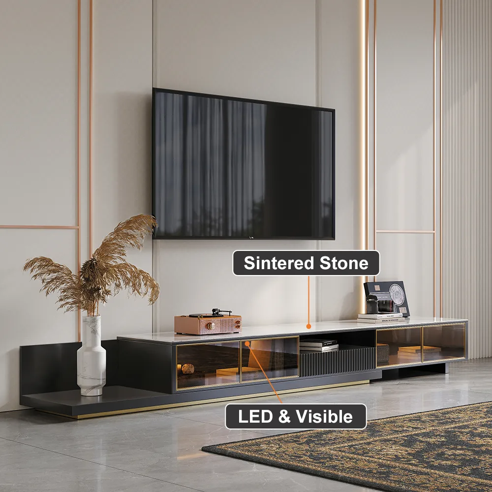 LED Light Extendable TV Stand Light Khaki Floor Media Console with Glass Door & Drawers — image 11