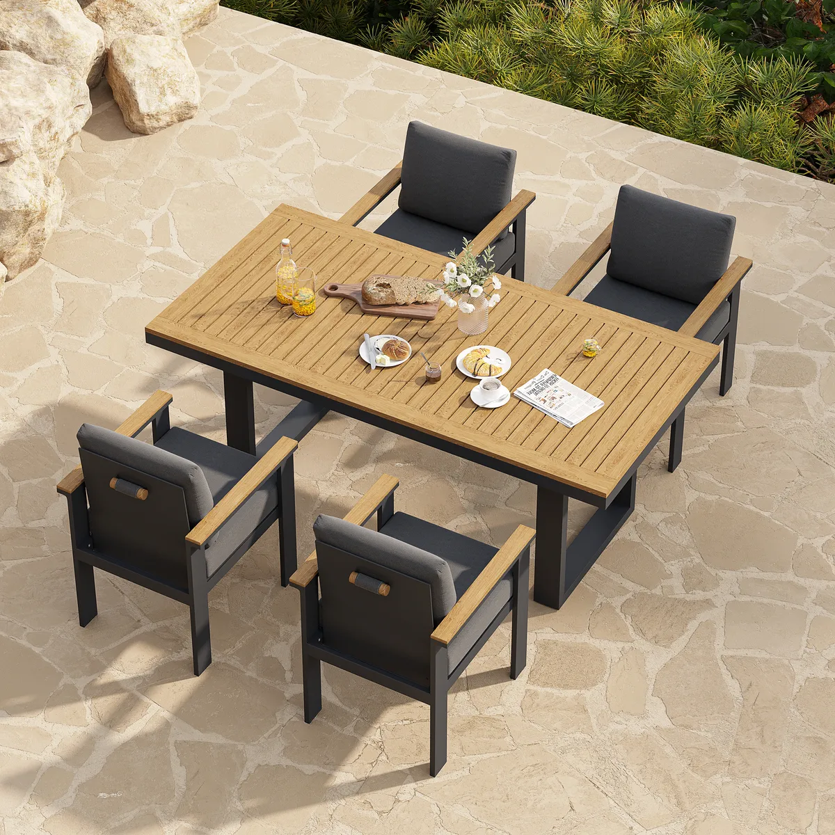 Tevara 5 Pieces Rectangle Wood & Aluminum Outdoor Patio Dining Set for 4 Person