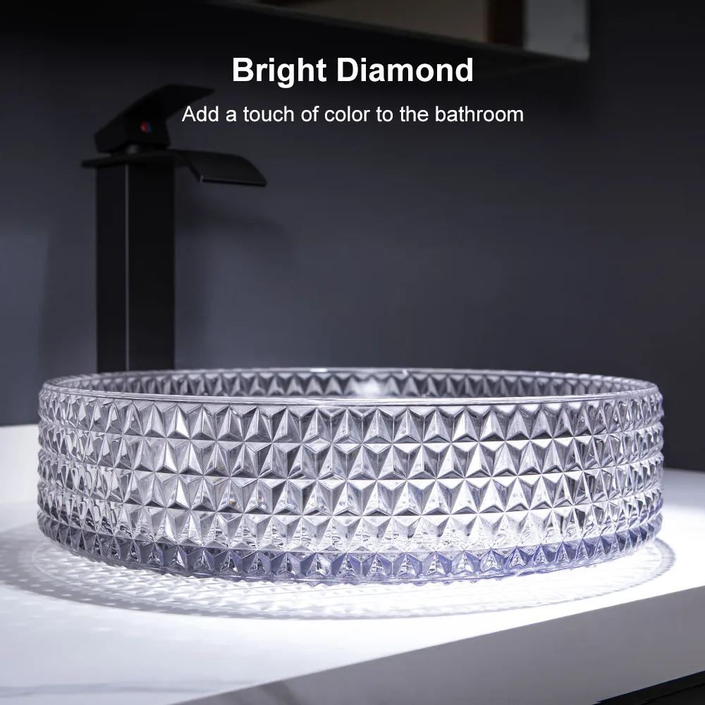Vessel Transparent Diamond Shaped Crystal Glass Bathroom Wash Sink — image 29