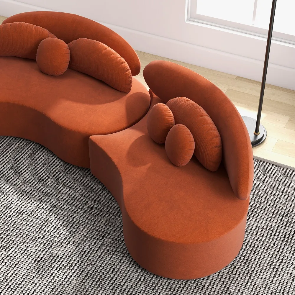 Modern 7 Seat Sectional Sofa Curved Modular Beige Velvet Upholstered with Ottoman — image 26
