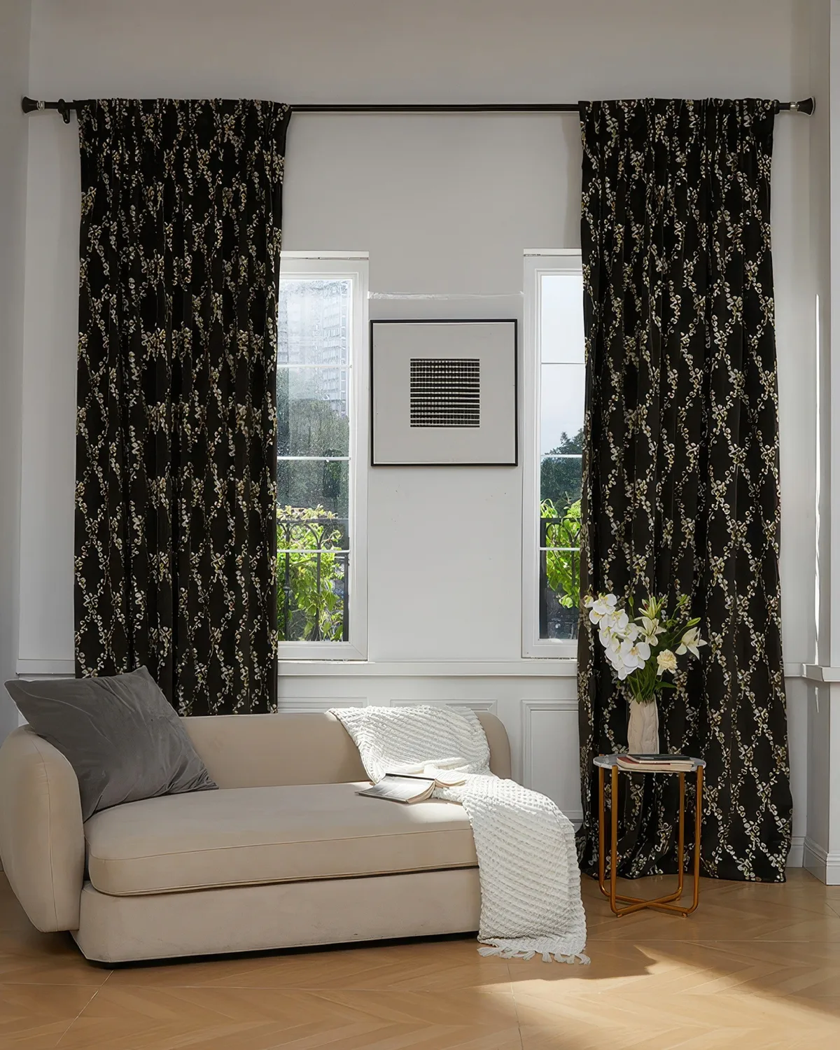 Flora 39 x 125 inch Double French Pinch Pleat Black Velvet Emboidered Floral Pattern Curtain
