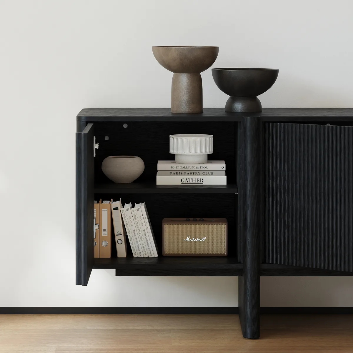 80" Solid Wood Fluted Black TV Stand with Cabinets — image 8
