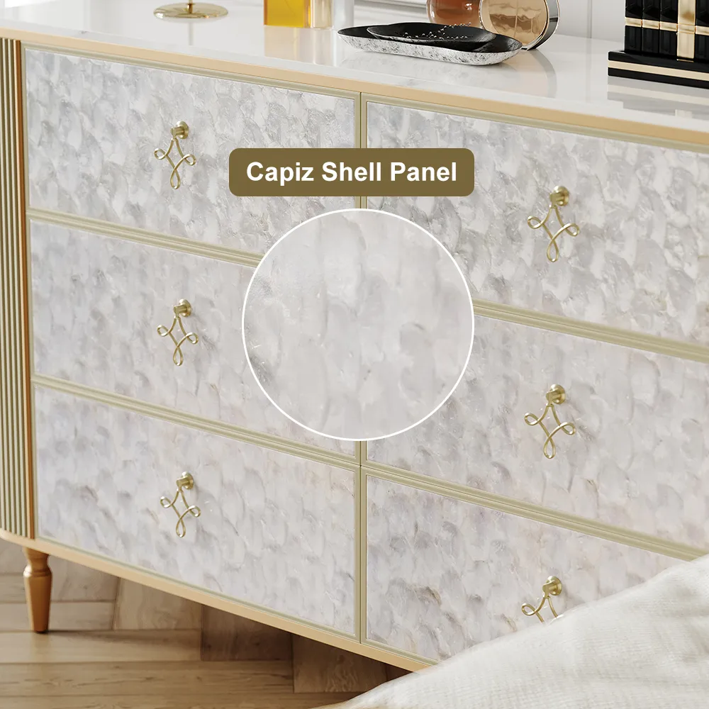 Art Deco 6 Drawer Dresser Capiz Shell Beige Chest Storag Cabinet with Sintered Stone Top — image 8