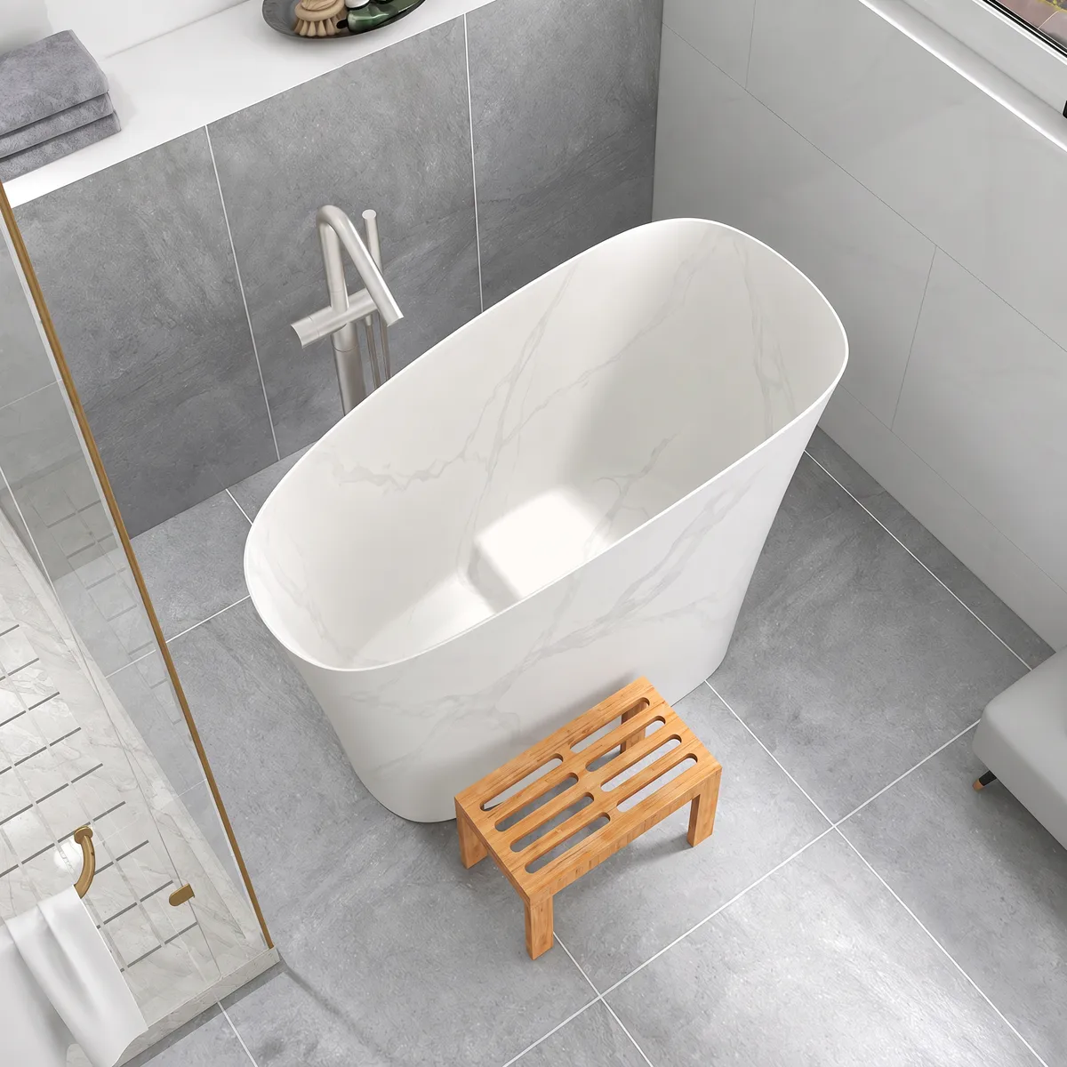 47" Japanese Irregular Freestanding Stone Resin Soaking Bathtub, Marble Look — image 14
