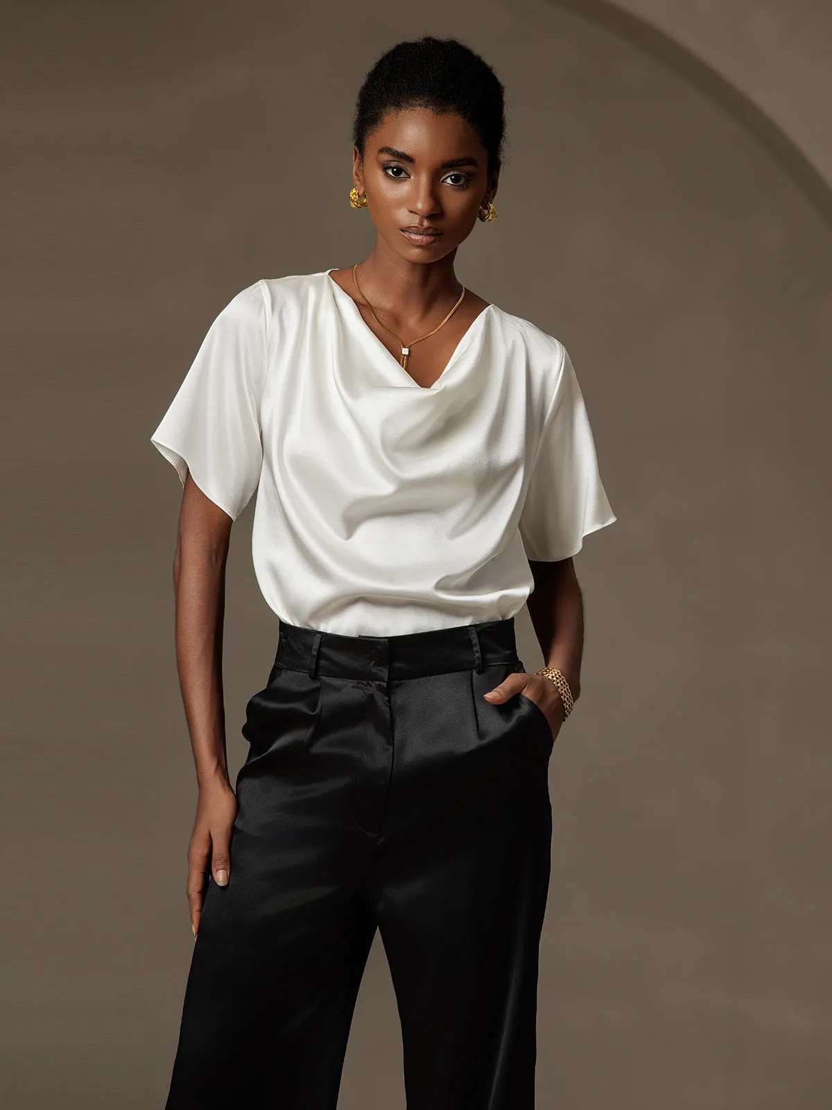 19Momme Women's Silk Short Sleeve Cowl Neck T-Shirt — image 4
