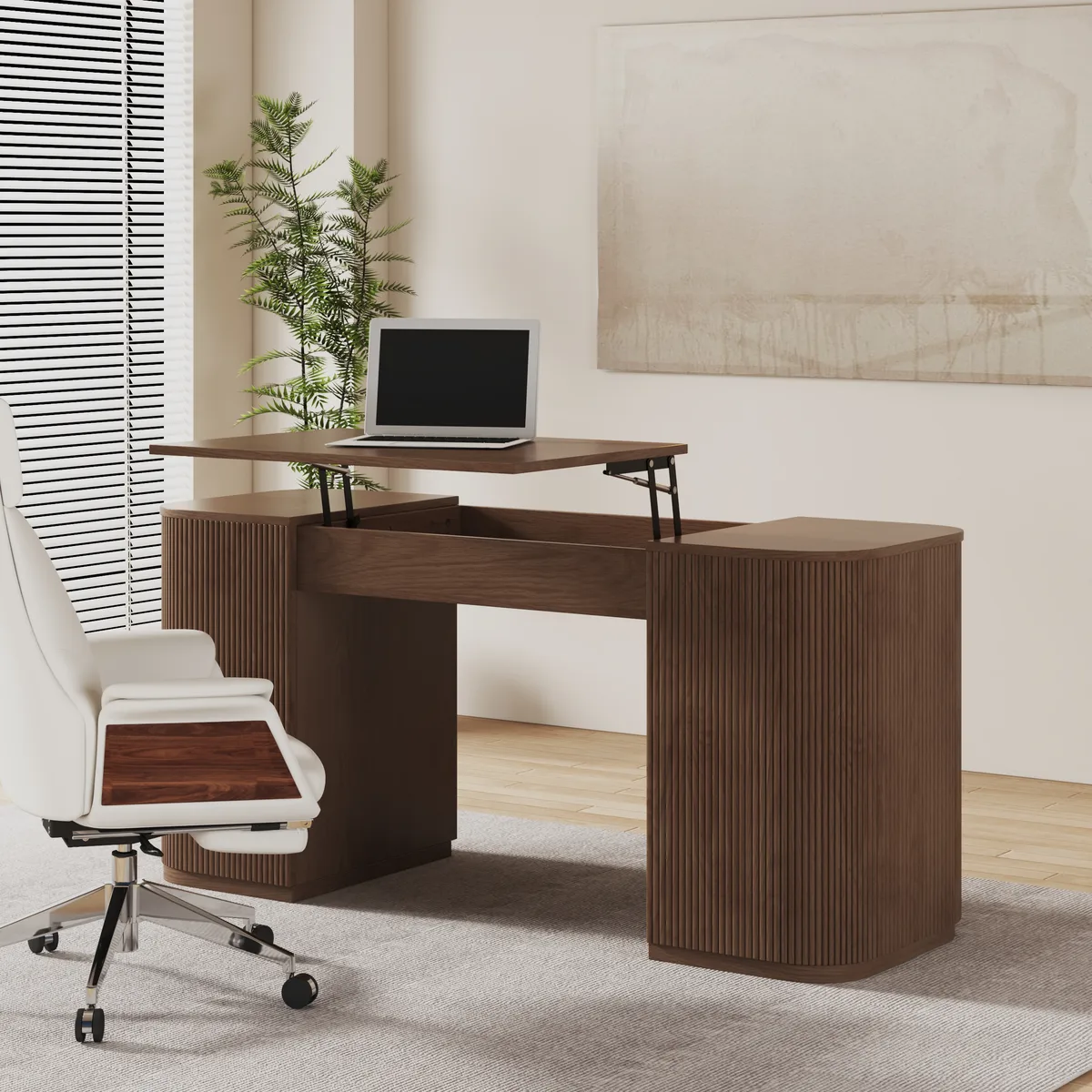 Modern 60" Black Standing Office Desk & Sliding Door Etagere Bookshelf
