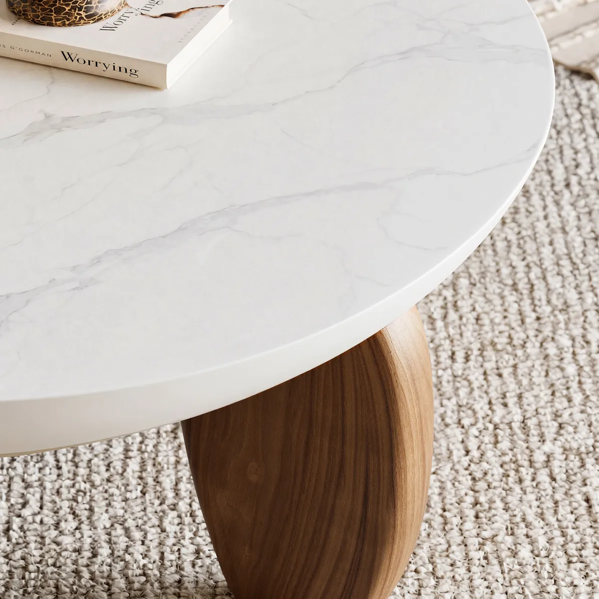 Curva Round Concrete Walnut Coffee Table with Wood Legs — image 18