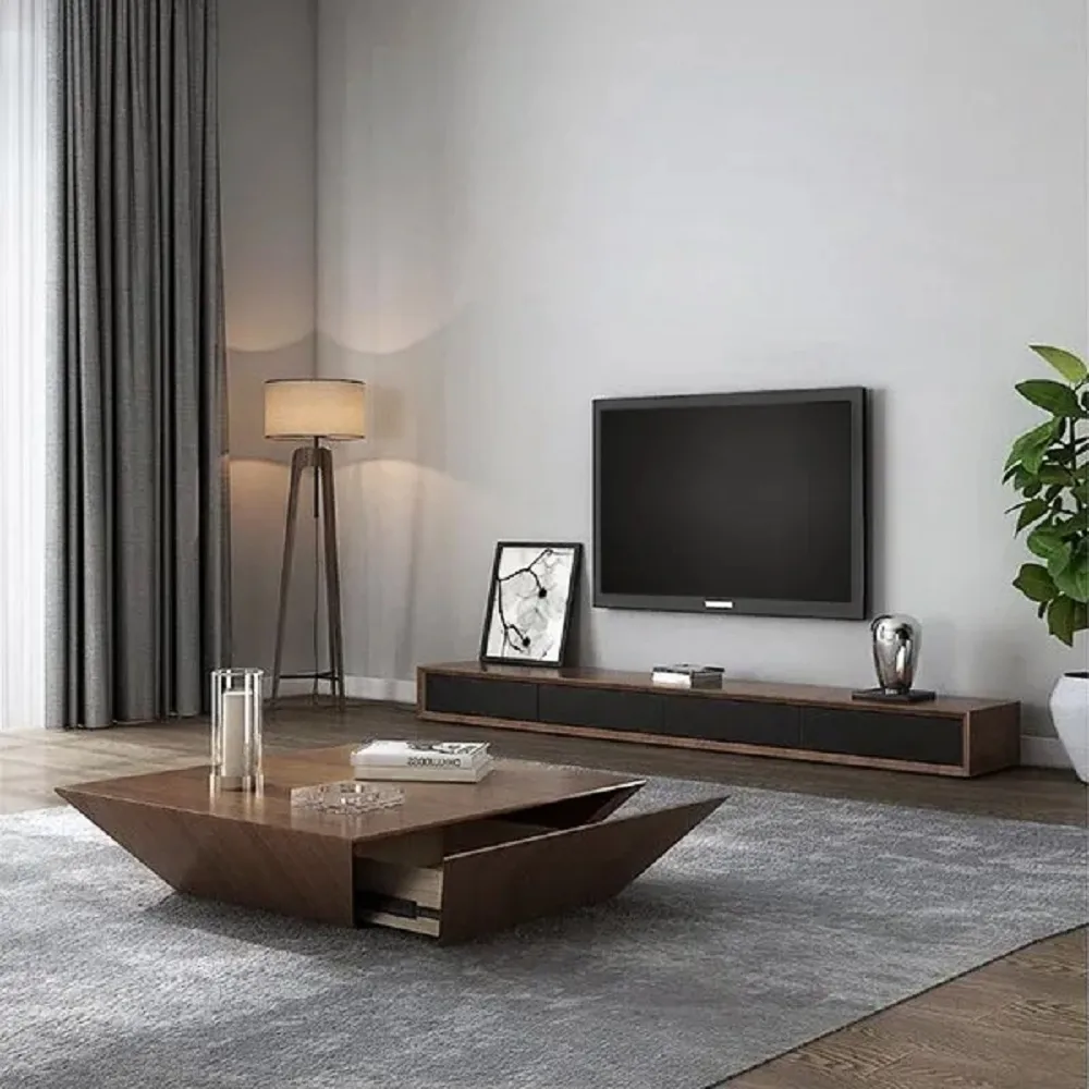 Modern Black Wood Coffee Table with Storage Square Drum with Drawer — image 13