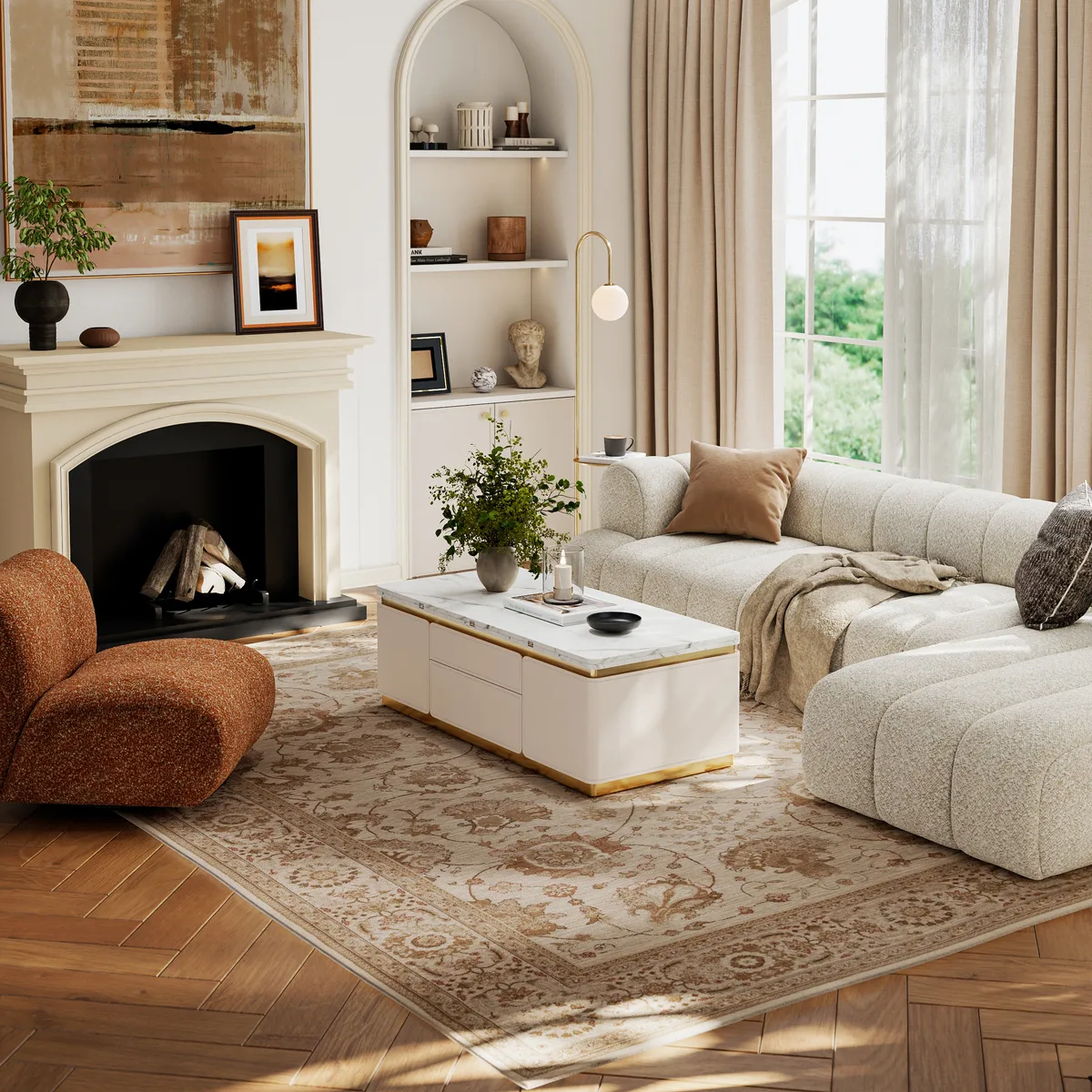 48" Ivory Saddle Leather Lift-Top Coffee Table with 2 Drawers — image 6