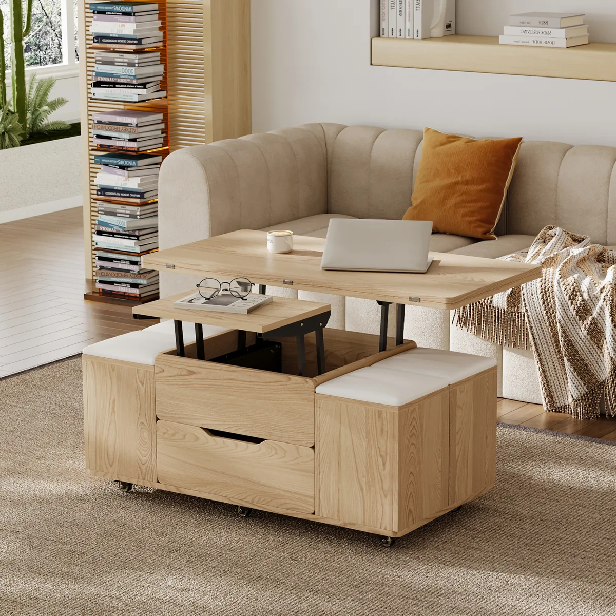 Modern Walnut Lift Top Coffee Table 4 in 1 with Storage Ottoman Foldable and Casters — image 13