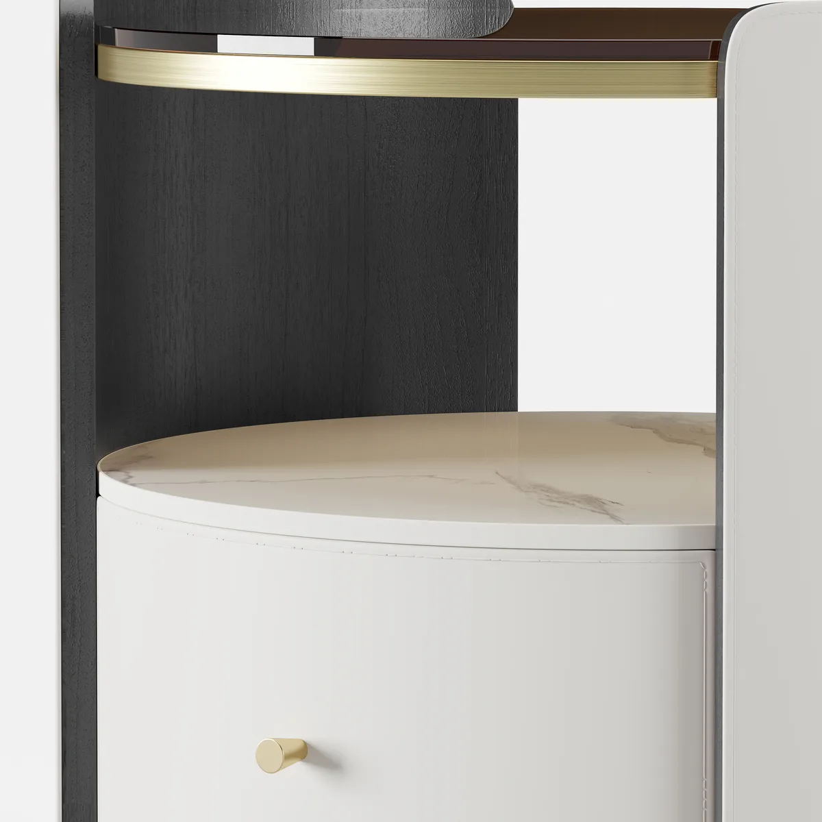 Modern Round Gray Leather Nightstand with Glass Top & Sintered Stone Bedside — image 17