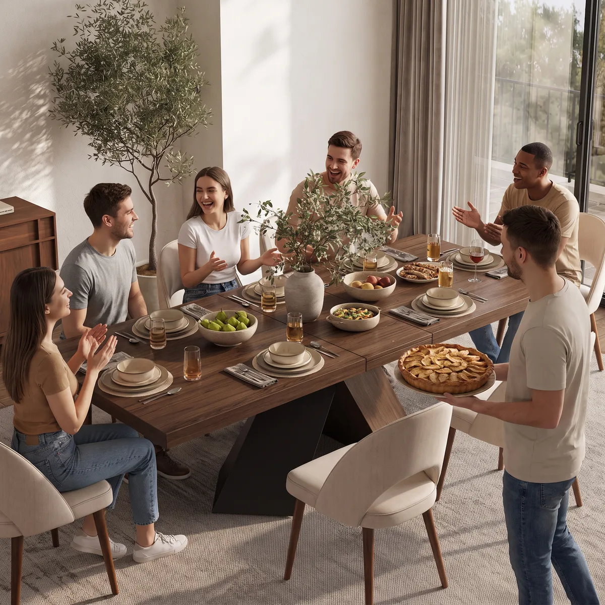 63"-79" Extendable Walnut Dining Table Modern Farmhouse Rectangle 4-6 Seater Pedestal — image 26
