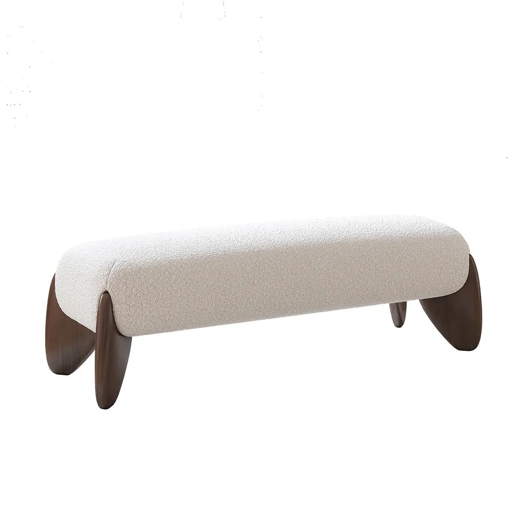 Modern White Boucle Bedroom Bench Upholstered Long Bench with Wood Legs — image 7