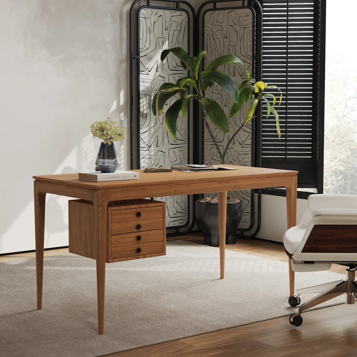 Mid-Century Style 55.1" Whitewash Ash Wood Home Office Desk with 3 Storage Drawers and Metal Accents — image 23