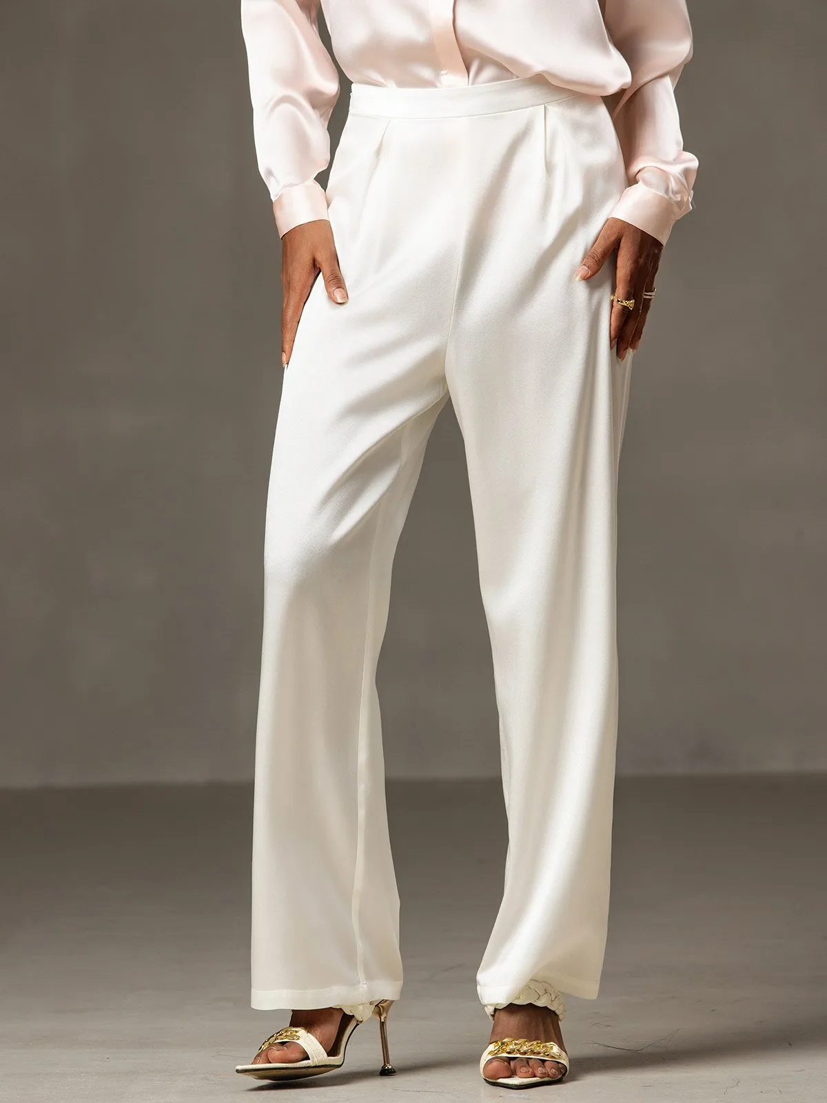 19Momme Silk High Waist Wide Leg Pleated Women's Pants