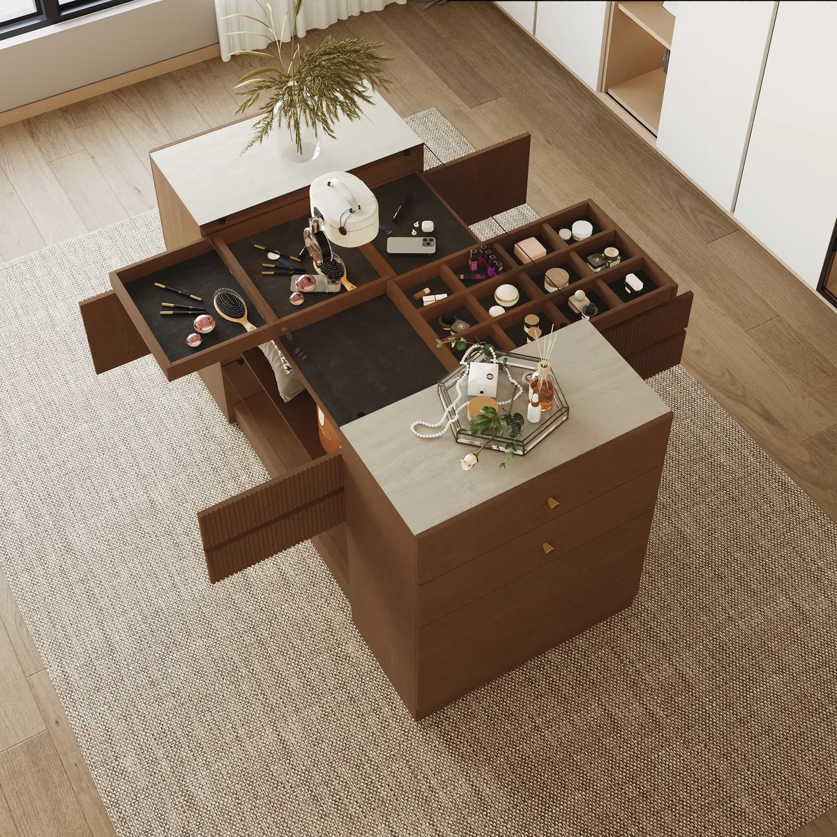 60" Glass Top Walnut Dresser Walk-in Closet Island with Jewelry Storage — image 7