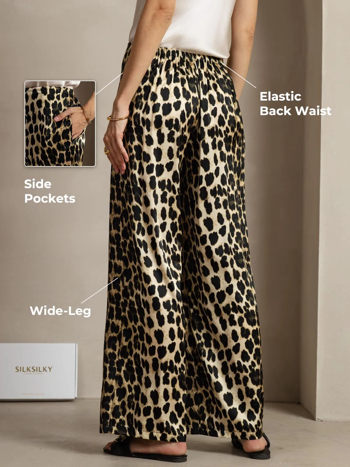 19Momme Silk Leopard Print Wide Leg Women's Pants With Side Pockets Design