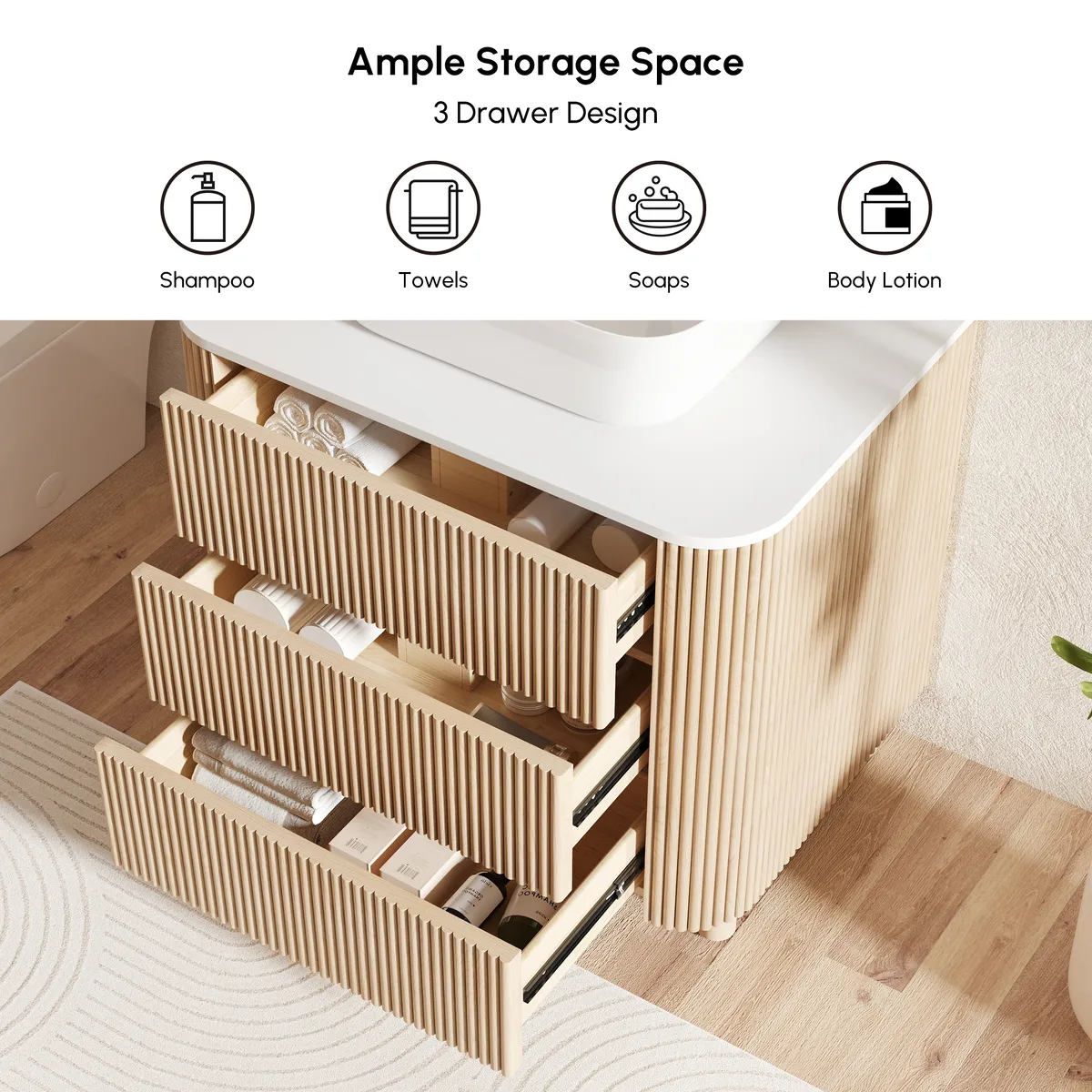 32" Fluted Freestanding Bathroom Vanity with Vessel Sink, 3-Drawers, Sintered Stone top — image 7
