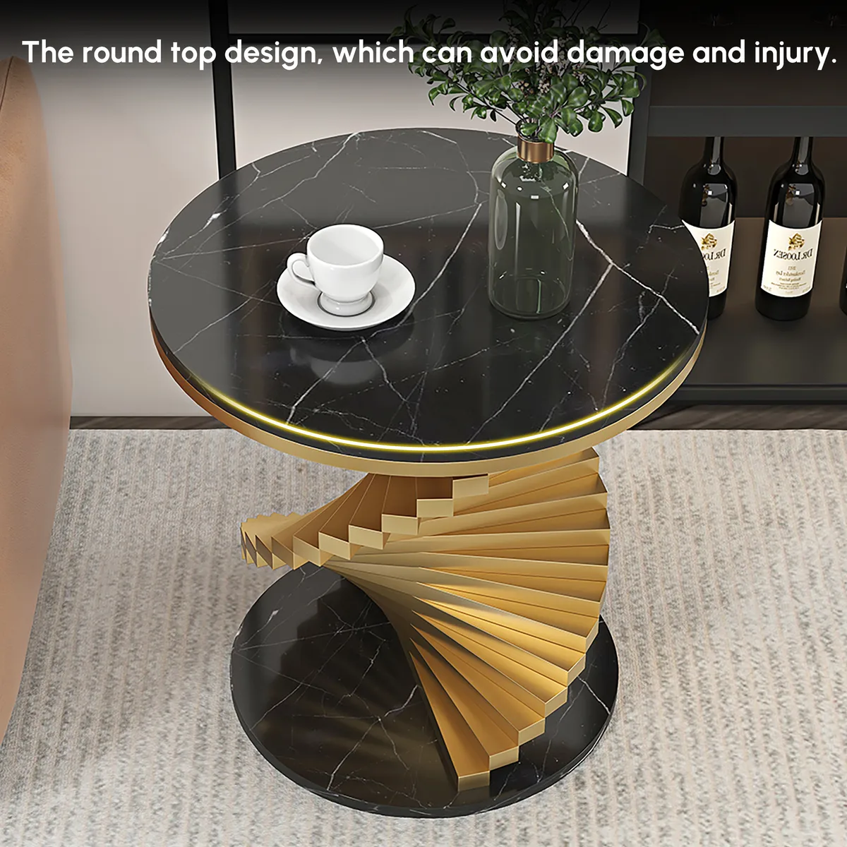 Round Marble Tabletop End Table with Metal Frame Modern Black & Gold Side Table — image 17