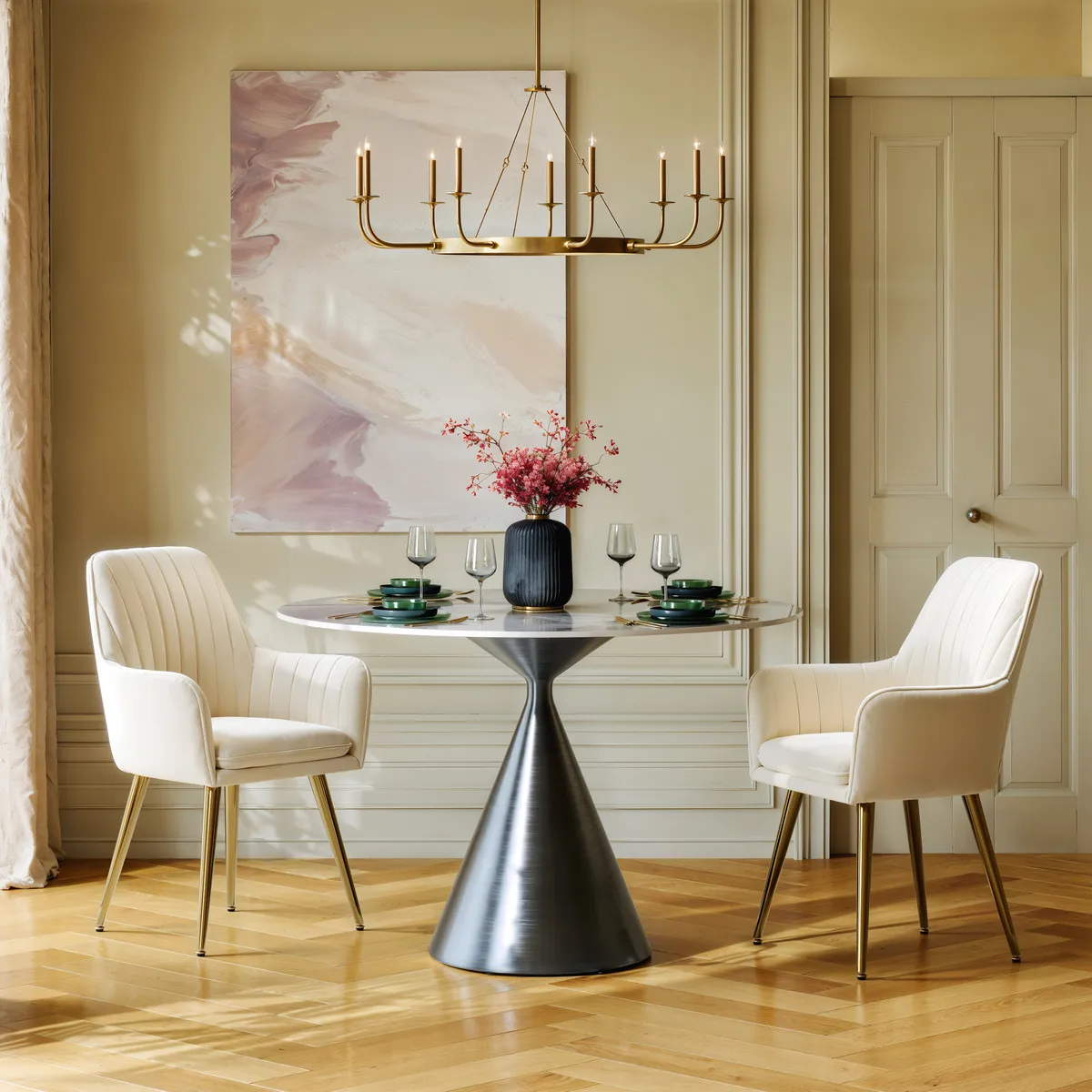 Modern Warm White Velvet Dining Chair with Cushioned Seat — image 14