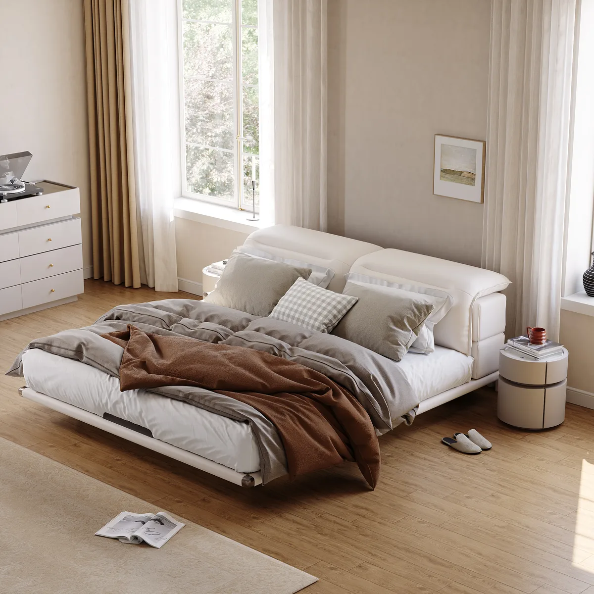Modern Leather King Size Floating Bedroom Set with Light & Adjustable Headboard — image 4