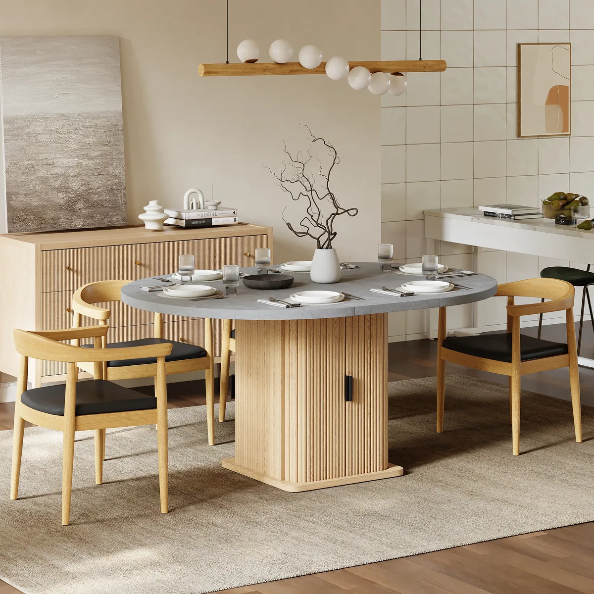 47"-63" Gray Extendable Dining Table Modern for 6 with Fluted Base & Storage — image 4